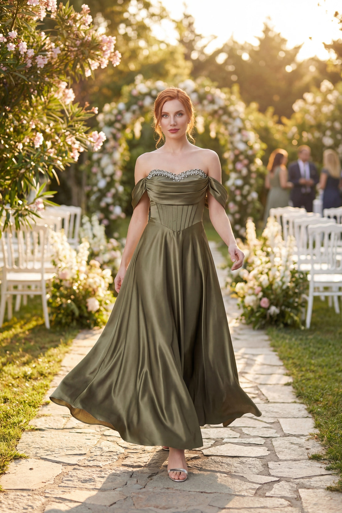 Kadın Haki Kayık Yaka Taşlı Uzun Söz Nişan Nikah Abiye Elbise