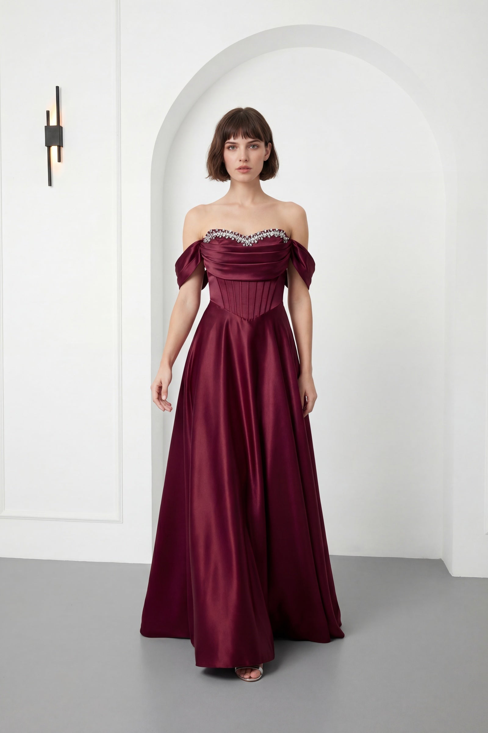 Kadın Bordo Kayık Yaka Taşlı Uzun Söz Nişan Nikah Abiye Elbise