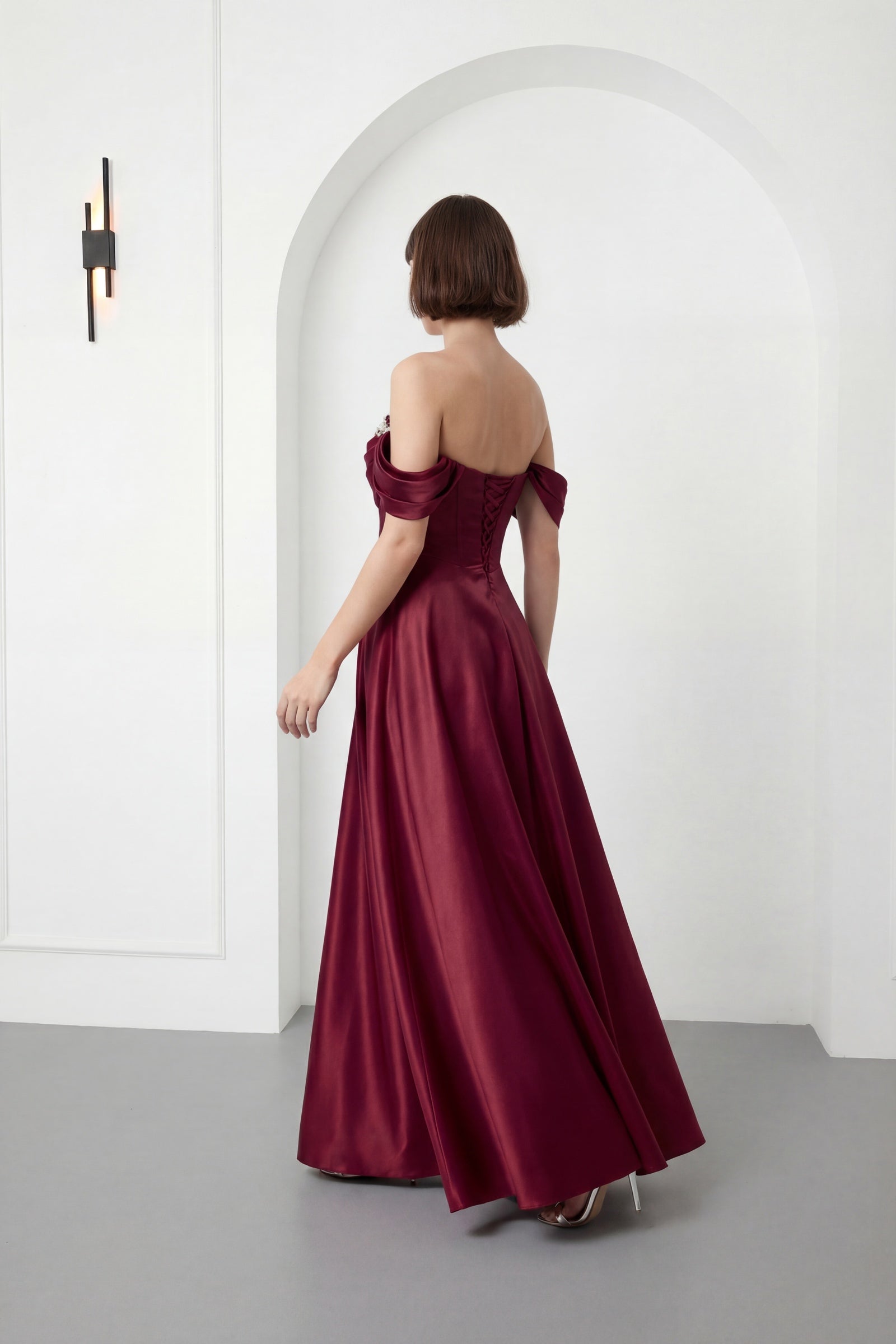 Kadın Bordo Kayık Yaka Taşlı Uzun Söz Nişan Nikah Abiye Elbise