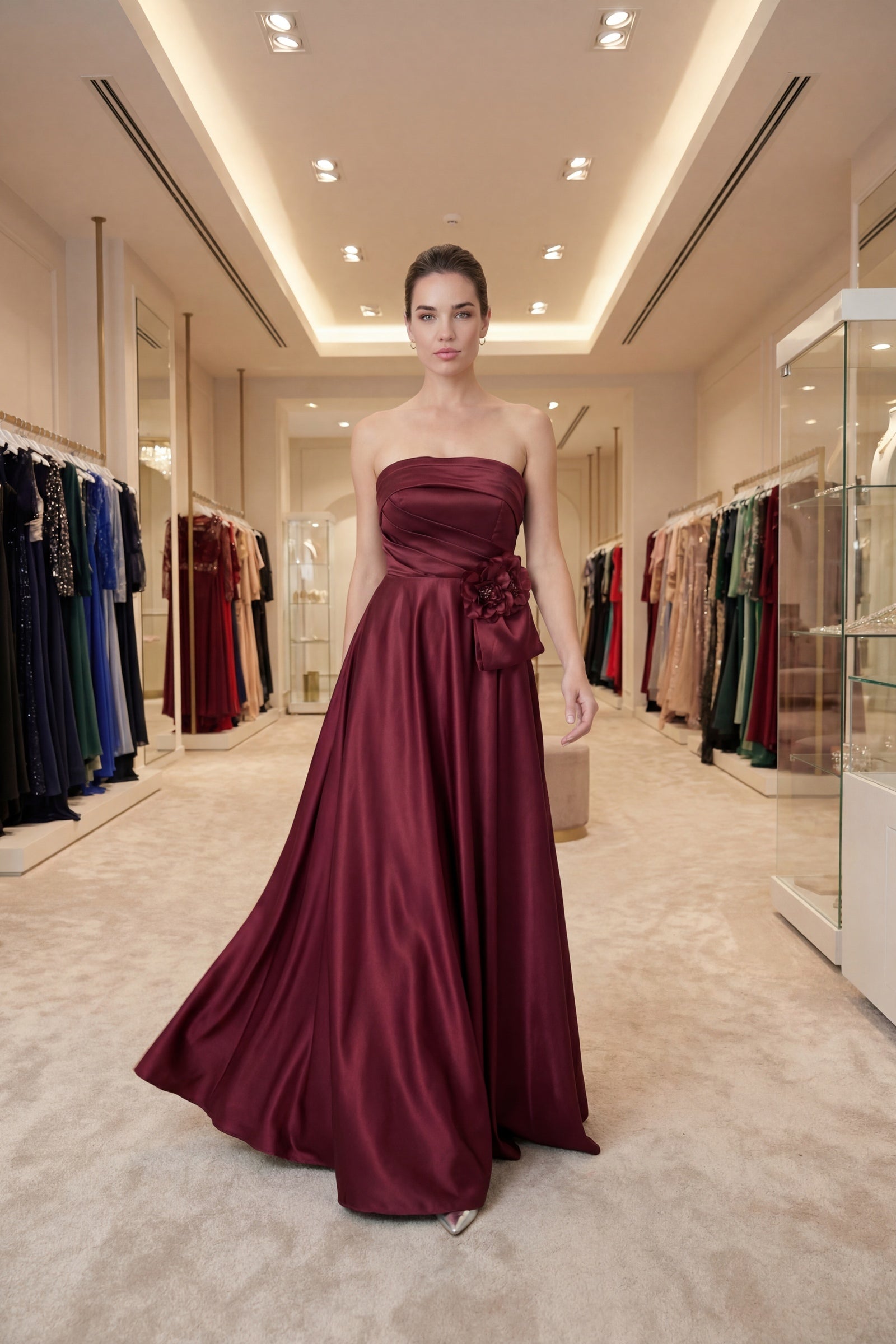 Kadın Bordo Straplez Yaka Çiçek Detaylı Uzun Söz Nişan Nikah Abiye