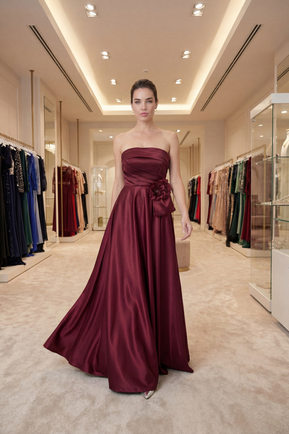 Kadın Bordo Straplez Yaka Çiçek Detaylı Uzun Söz Nişan Nikah Abiye