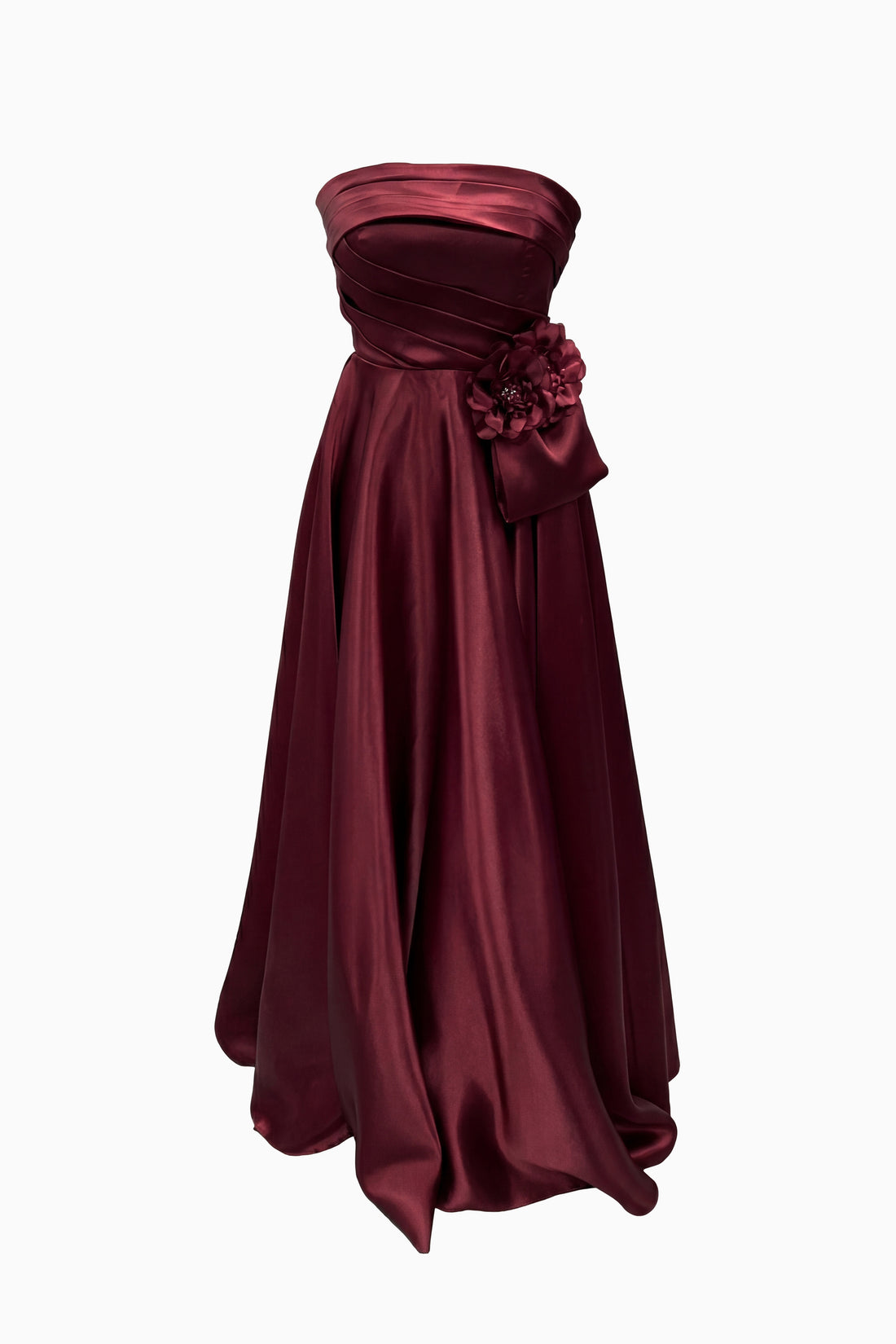 Kadın Bordo Straplez Yaka Çiçek Detaylı Uzun Söz Nişan Nikah Abiye