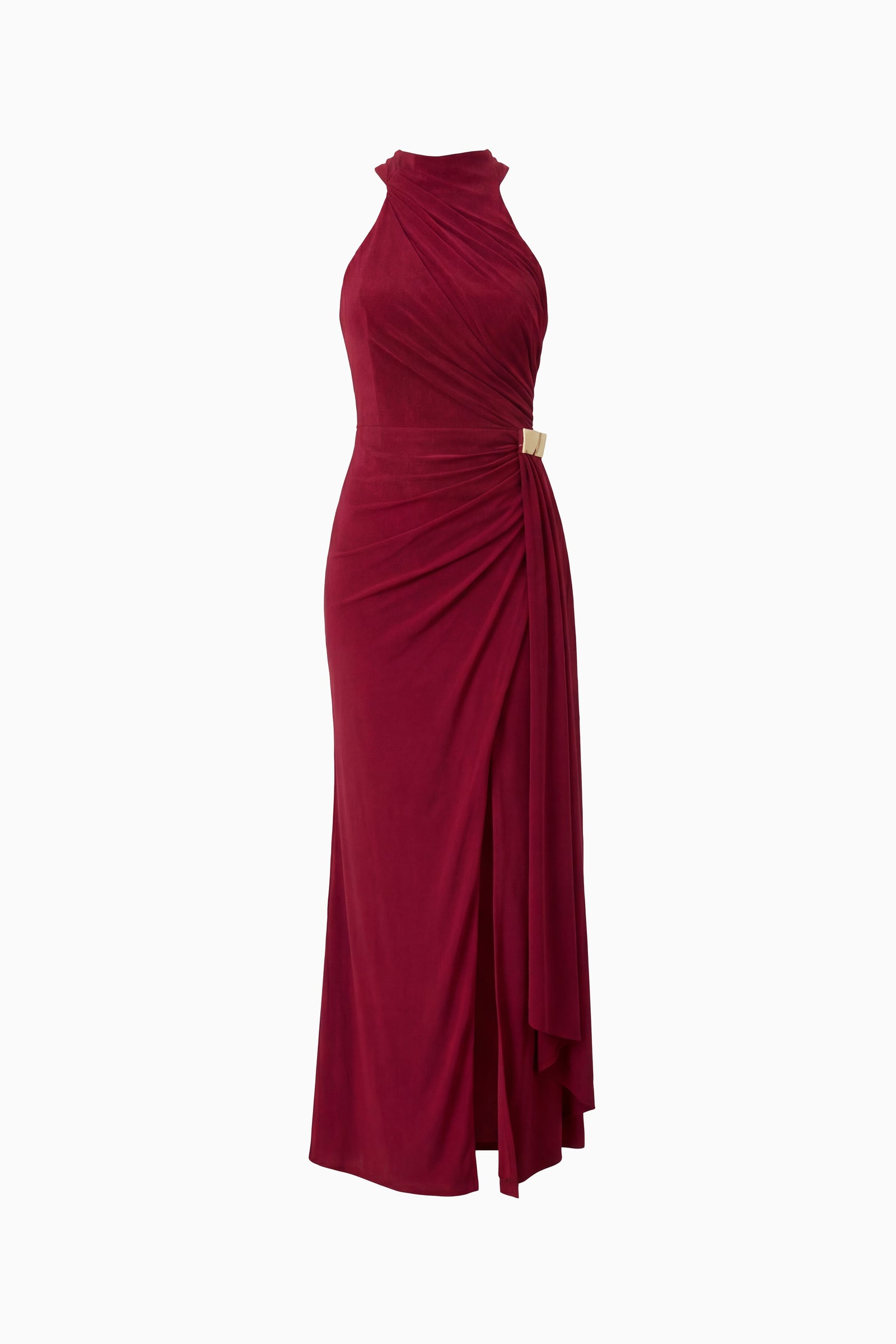 Kadın Bordo Halter Yaka Aksesuar Detay Uzun Abiye Elbise
