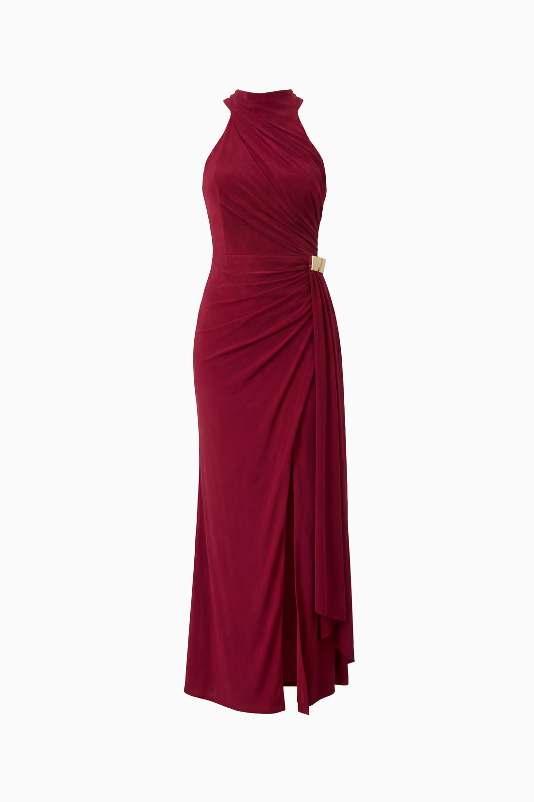 Kadın Bordo Halter Yaka Aksesuar Detay Uzun Abiye Elbise