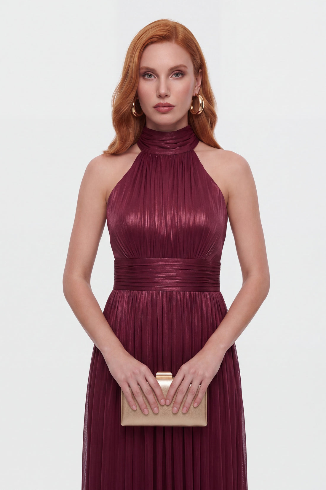 Kadın Bordo Halter Yaka Drapeli Uzun Parlak Kumaş Abiye Elbise
