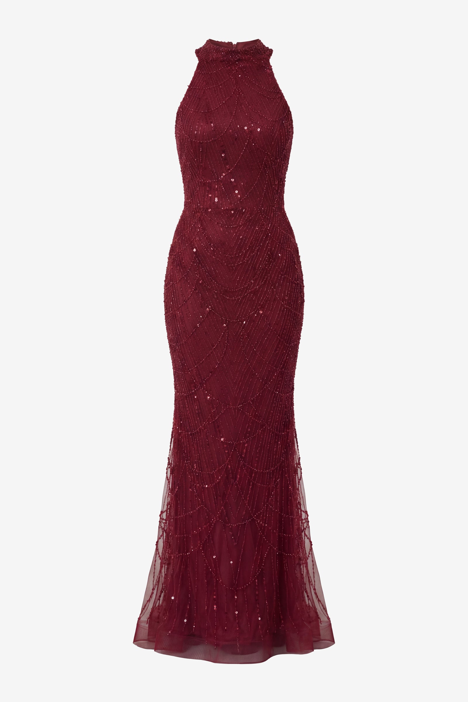 Kadın Bordo Dar Kalıp Halter Yaka Taşlı Uzun Balık Abiye Elbise