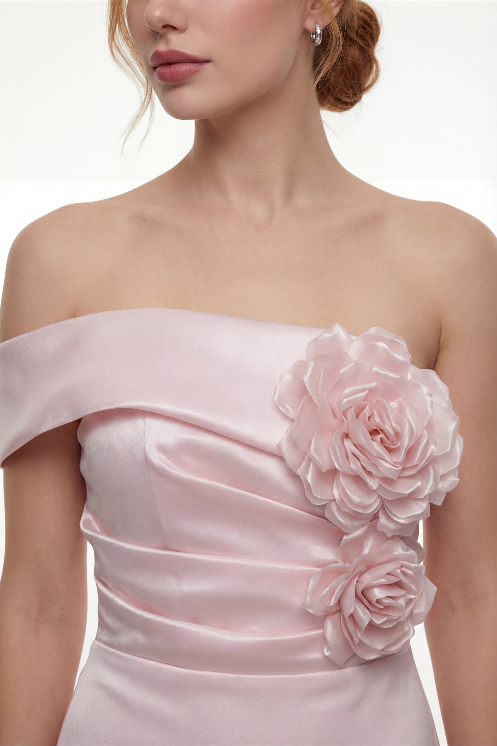 Kadın Pudra Kayık Yaka Çiçek Detaylı Söz Nişan Nikah Abiye Elbise