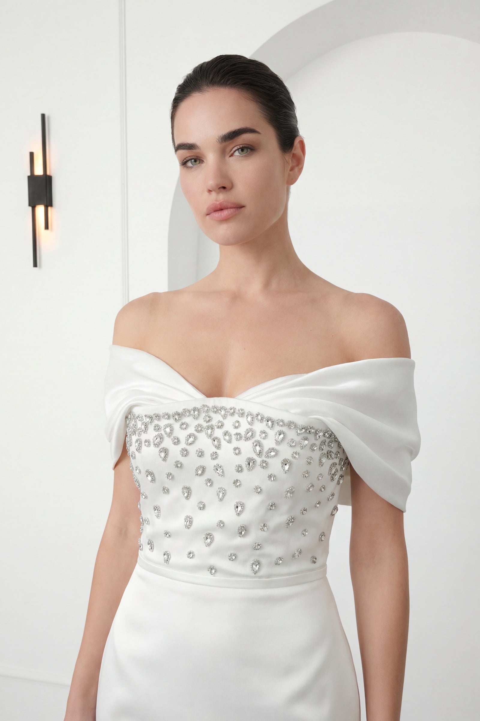 Kadın Beyaz Kayık Yaka Taşlı Midi Söz Nişan Nikah Abiye Elbise