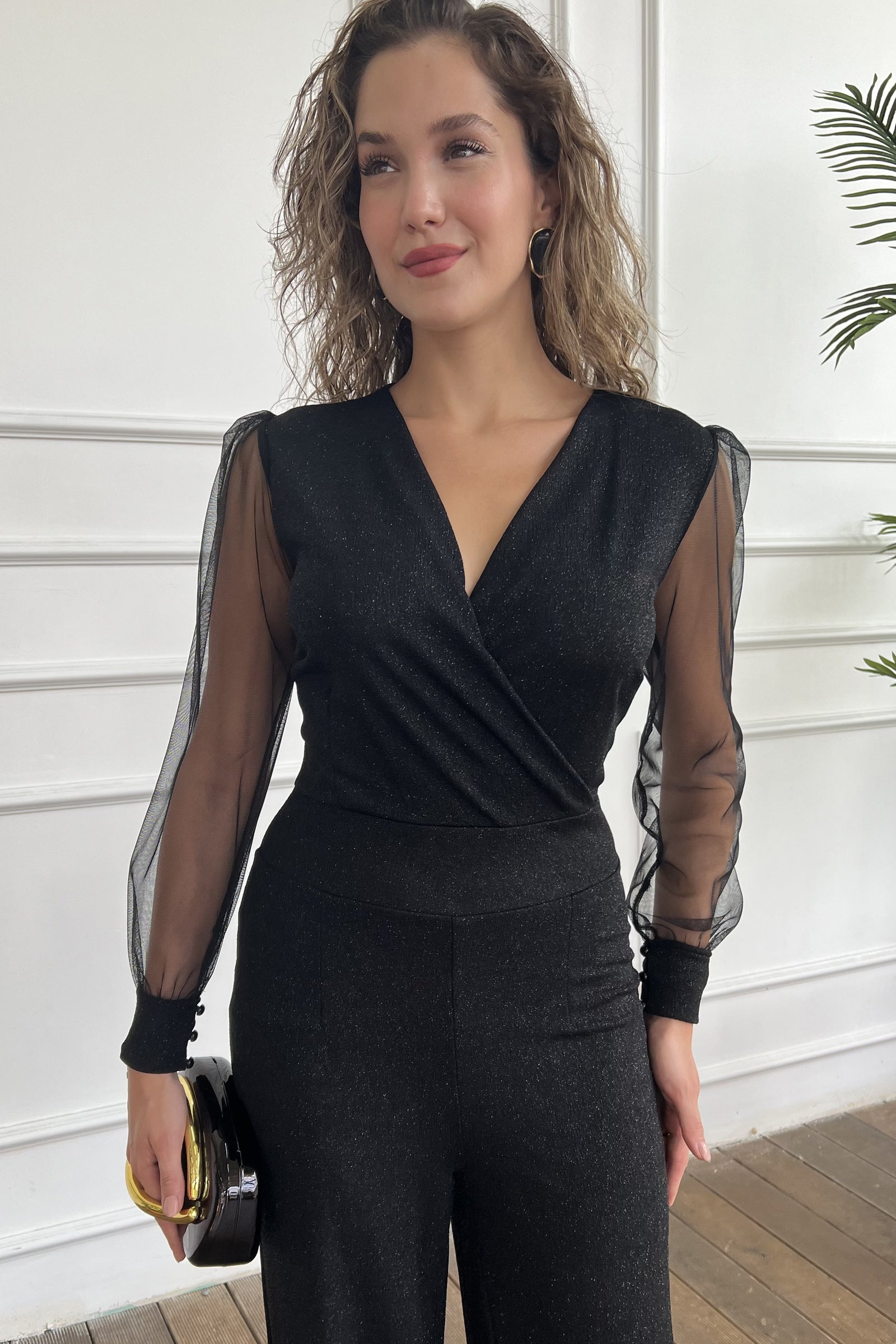 Kadın Siyah Kruvaze Yaka Simli Uzun Abiye Tulum