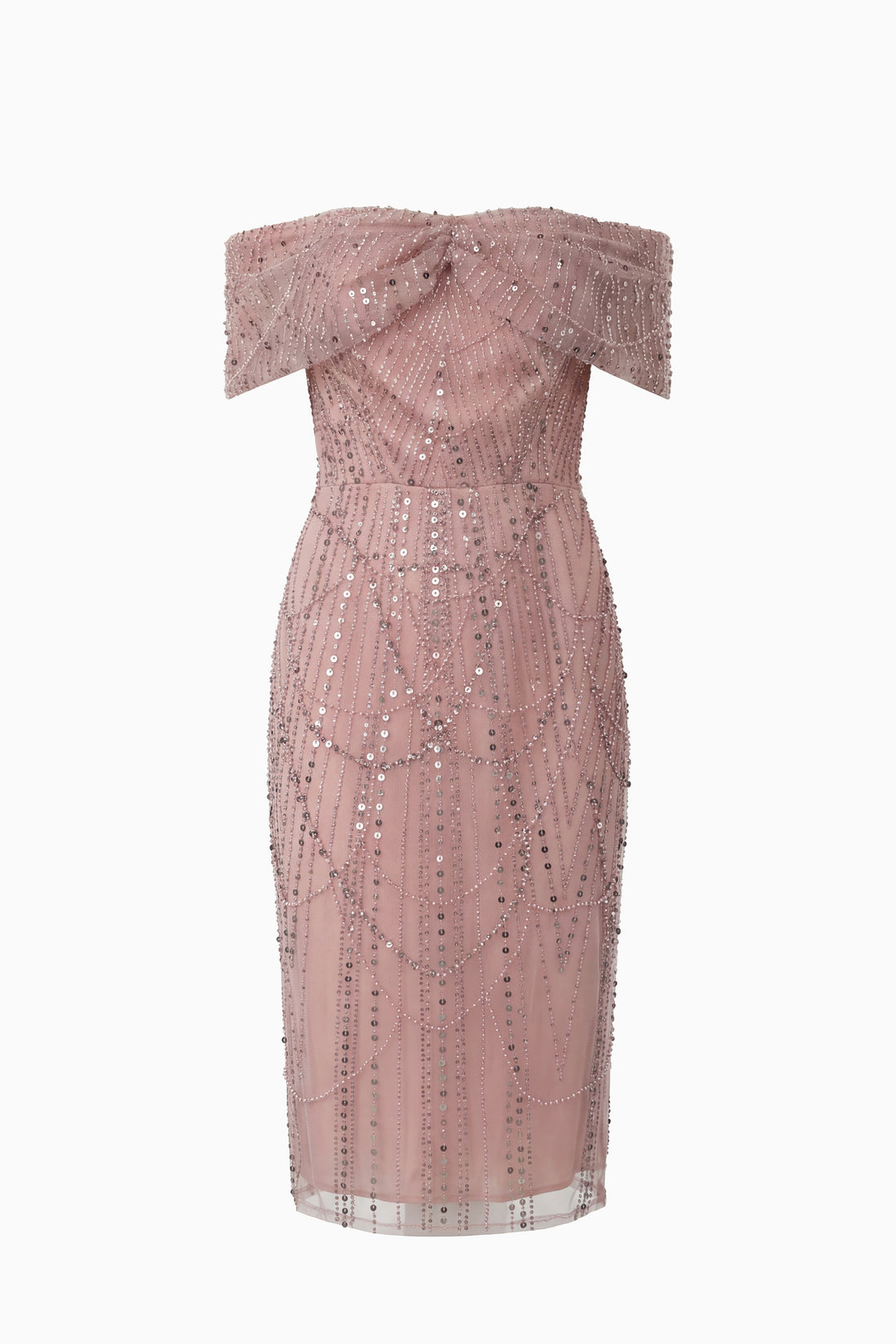 Kadın Pudra Kayık Yaka Boncuklu Midi Abiye Elbise