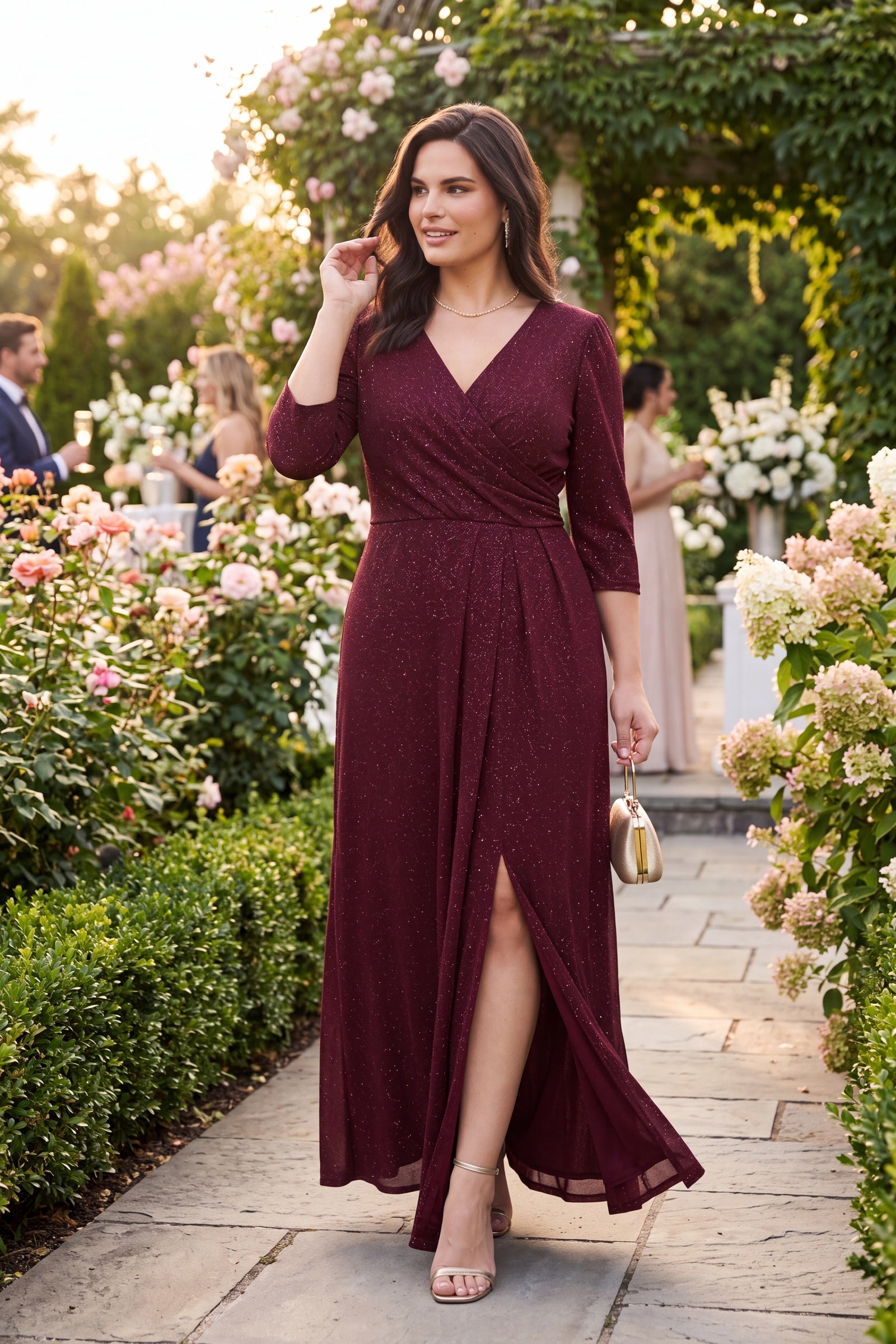 Kadın Bordo Kruvaze Yaka Simli Büyük Beden Abiye Elbise