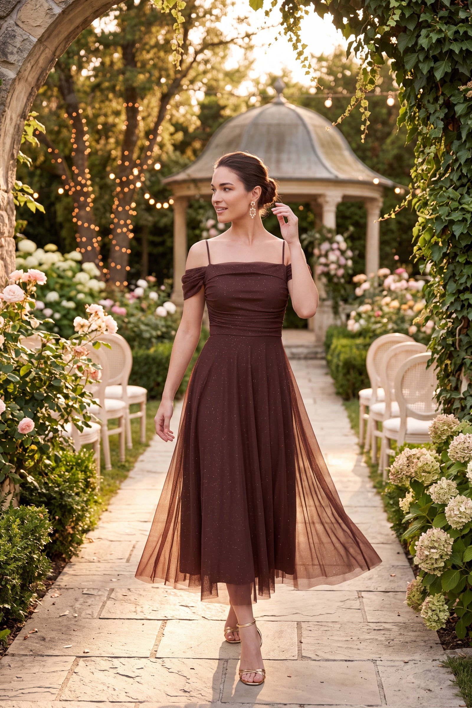 Kadın Kahverengi İnce Askılı Simli Midi Söz Nişan Nikah Abiye Elbise