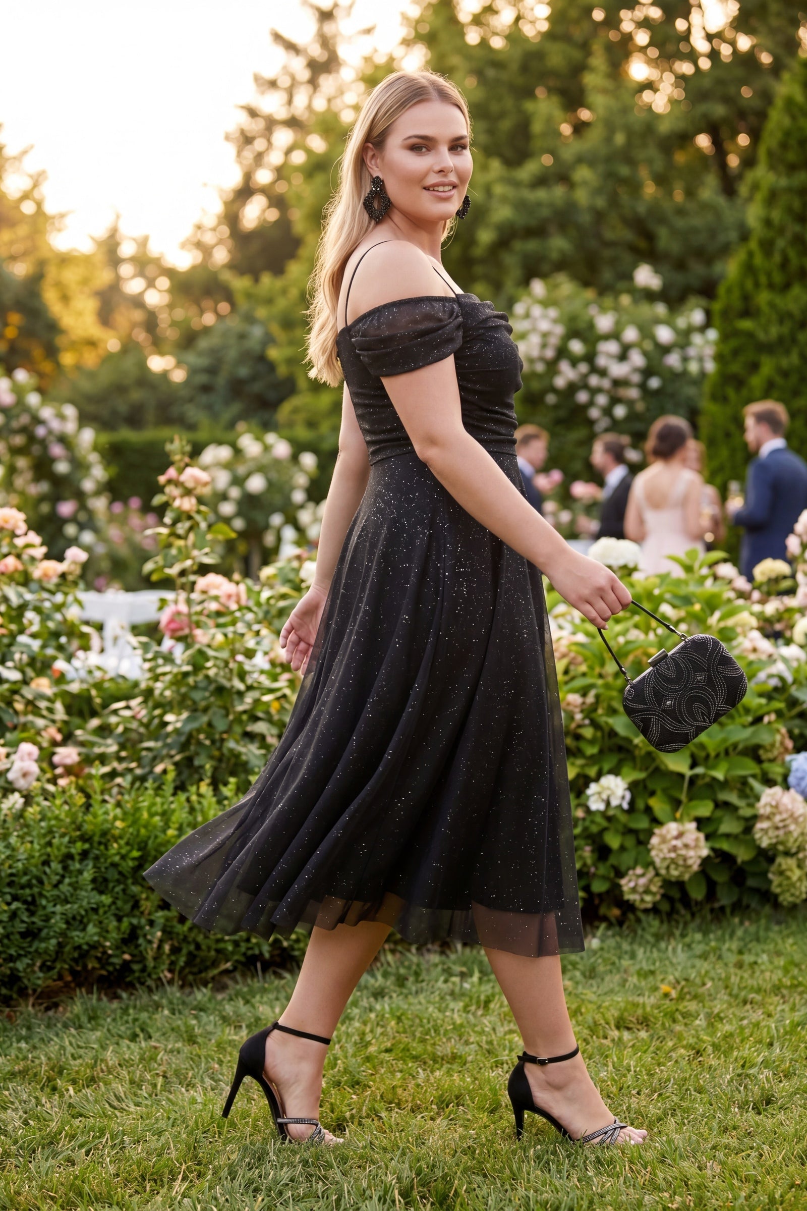 Kadın Siyah İnce Askılı Simli Midi Söz Nişan Nikah Abiye Elbise