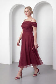 Kadın Bordo İnce Askılı Simli Midi Söz Nişan Nikah Abiye Elbise