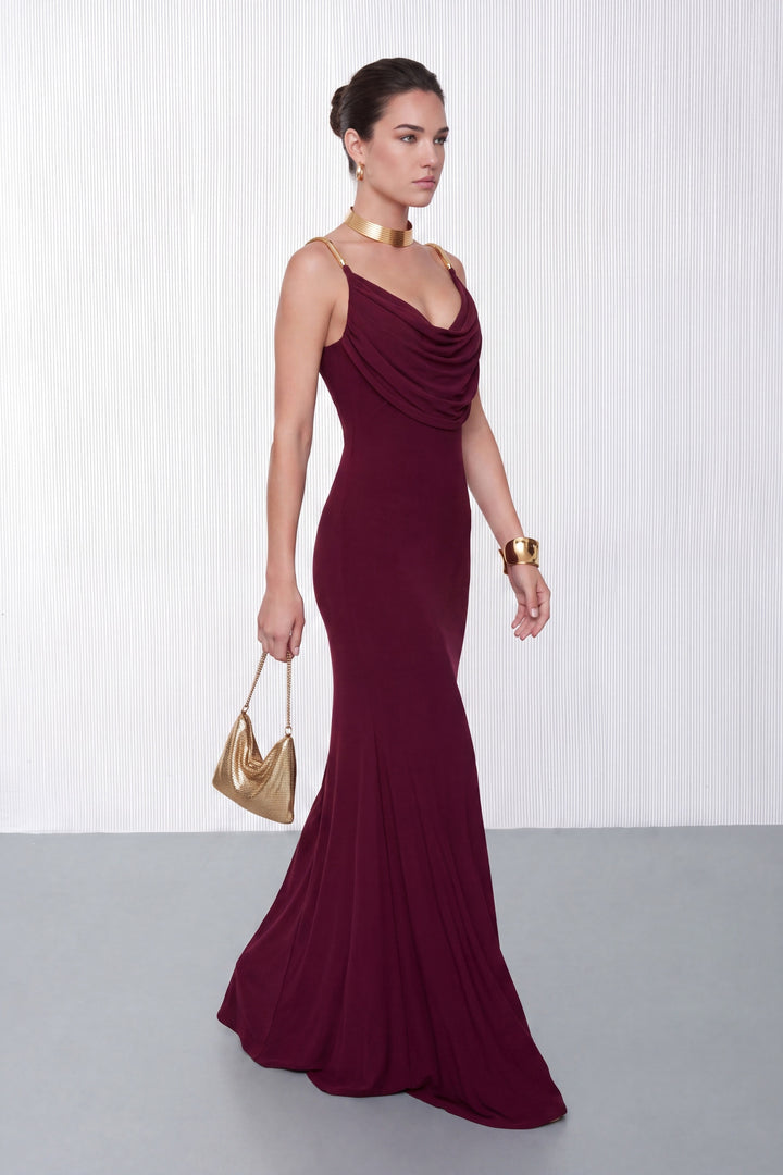 Kadın Bordo Askılı Drape Yaka Detaylı Uzun Davet Elbisesi