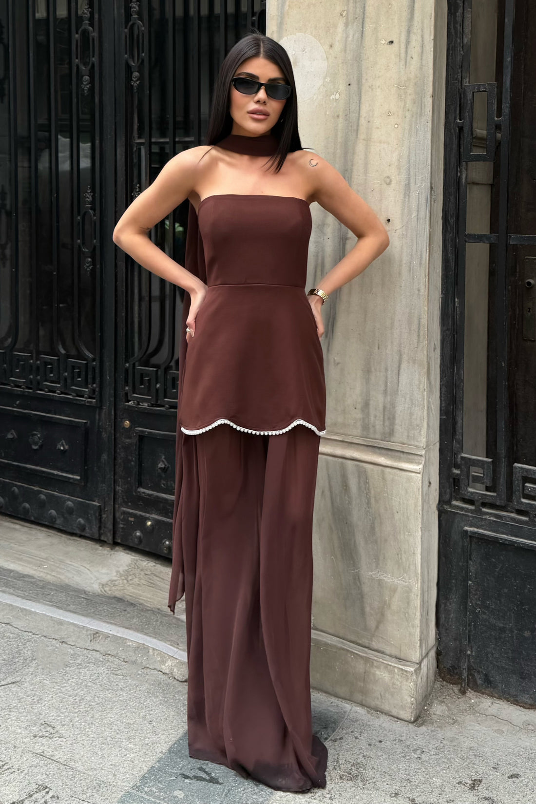 Kadın Kahverengi Straplez Şal Yaka Mini Elbise