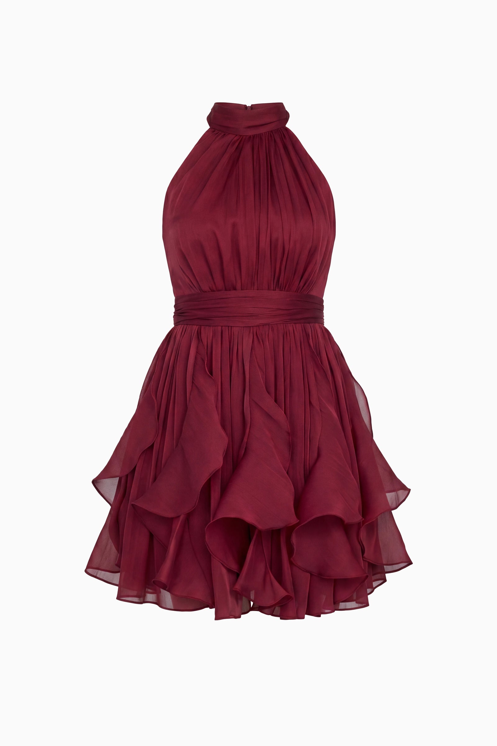 Kadın Bordo Halter Yaka Volanlı Mini Mezuniyet Elbise